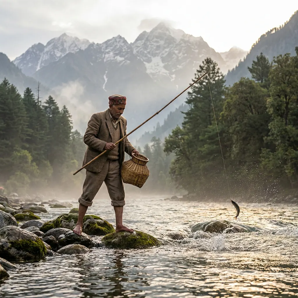 man fishing in himalayan river